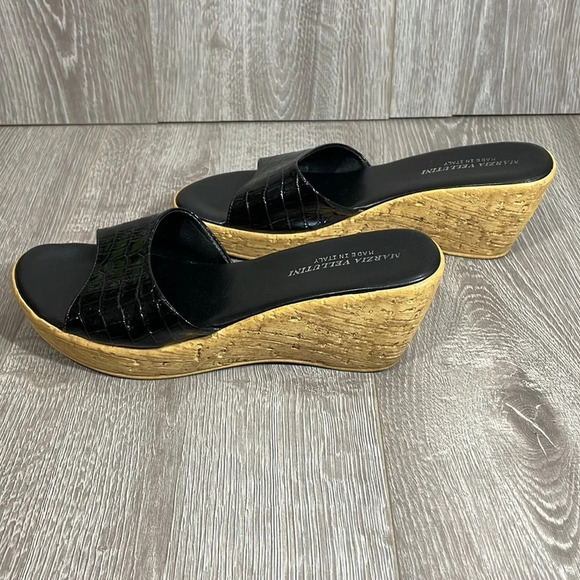 Marzia Vellutini Italian Wedge Slip On Sandals Black Patent Croc Faux Cork 6.5 - Picture 4 of 16
